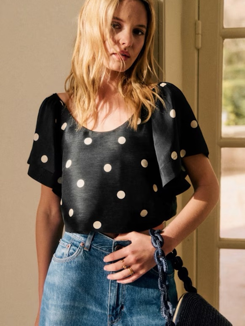 Sezane Editions Limited Ed Curly Blouse shirt ecru white Black Polka Dot Top NWT